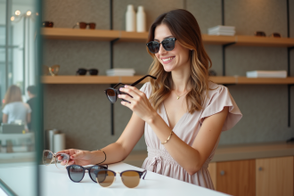 Femme essayant des lunettes de soleil dans une boutique moderne