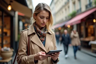 Femme élégante examinant un sac de luxe dans un marché parisien