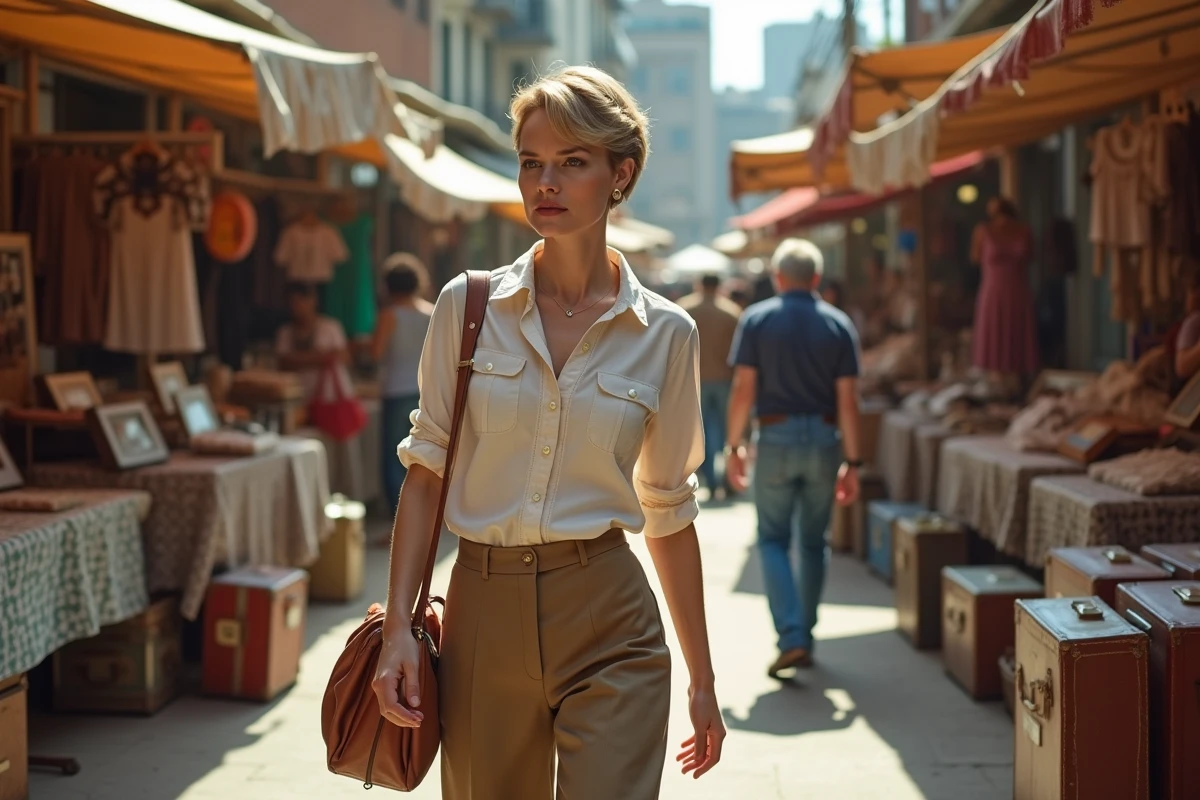 Femme dans un marché vintage en plein air