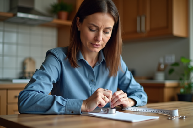 Femme mesurant son doigt avec un ruban à mesurer dans la cuisine