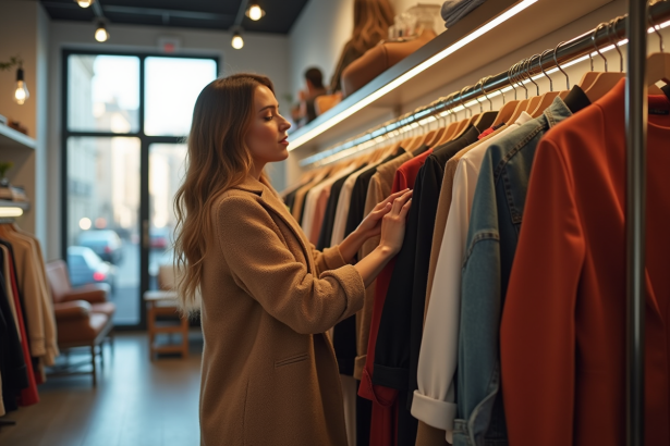 Femme élégante parcourant une boutique urbaine de mode