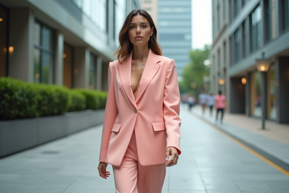 Femme élégante en blazer futuriste dans la ville