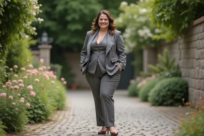 Femme plussize en tailleur chic en extérieur