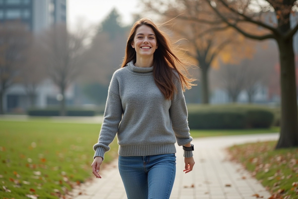 Jeune femme souriante portant deux montres dans un parc urbain