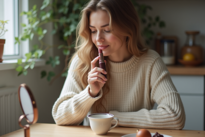Femme tenant un rouge à lèvres près des lèvres dans une cuisine chaleureuse