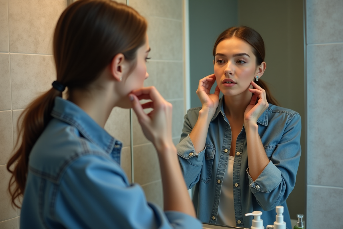Jeune femme analysant ses contours du visage dans le miroir