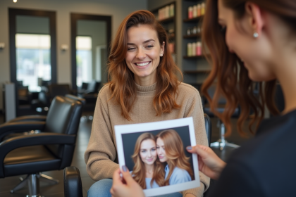 Femme en salon de coiffure tenant une photo