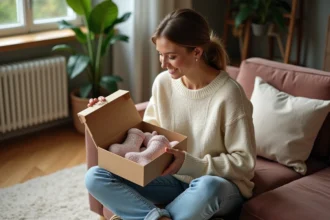 Femme souriante avec chaussettes brillantes dans un salon cosy