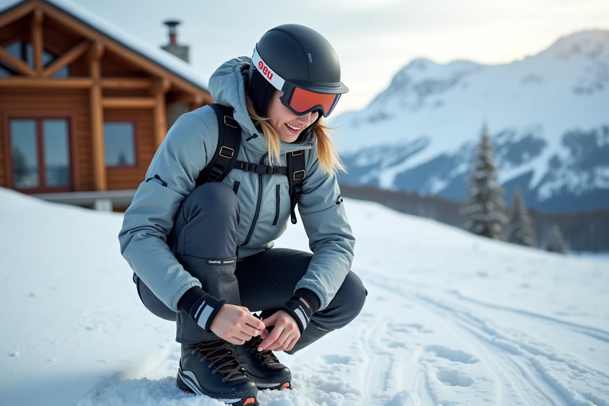 Femme en ski ajustant une guêtre dans un paysage enneige