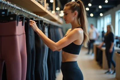 Femme sportive examinant des leggings en magasin de sport