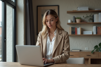 Femme élégante en trench beige travaillant sur un ordinateur