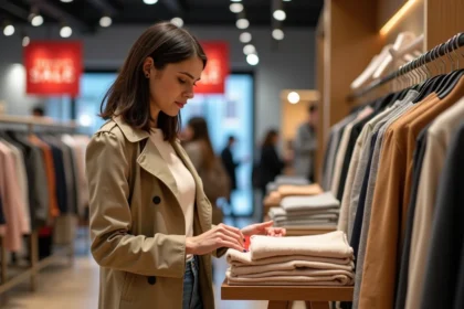 Femme examinant une étiquette rouge dans une boutique de mode