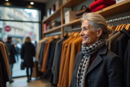 Femme française souriante examine manteaux d'hiver en magasin