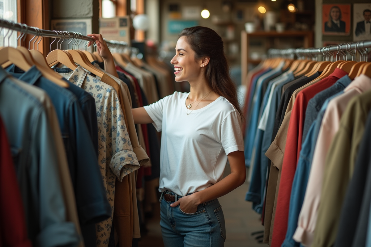 Jeune femme souriante choisissant un vêtement dans une boutique vintage
