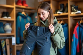 Femme examinant un pantalon de ski technique en magasin