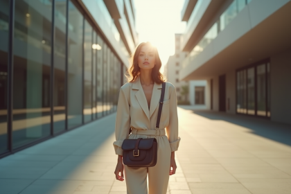 Femme élégante marchant en ville avec sac à bandoulière moderne