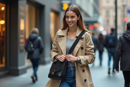 Jeune femme en trench beige et jeans dans la ville