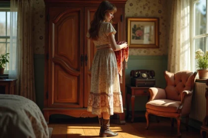 Femme en robe vintage examinant un foulard en soie