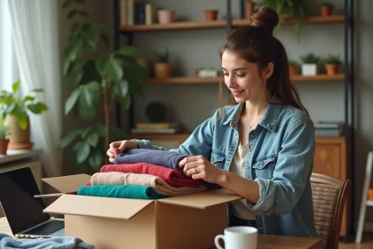 Jeune femme vintage plie des vêtements pour vente