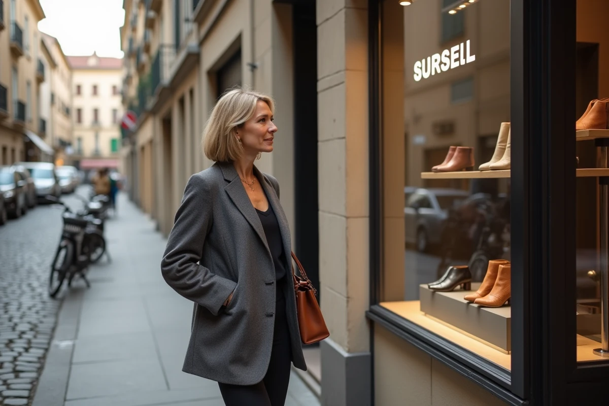 Femme élégante devant la vitrine d'un magasin proposant des chaussures Sursell en ville