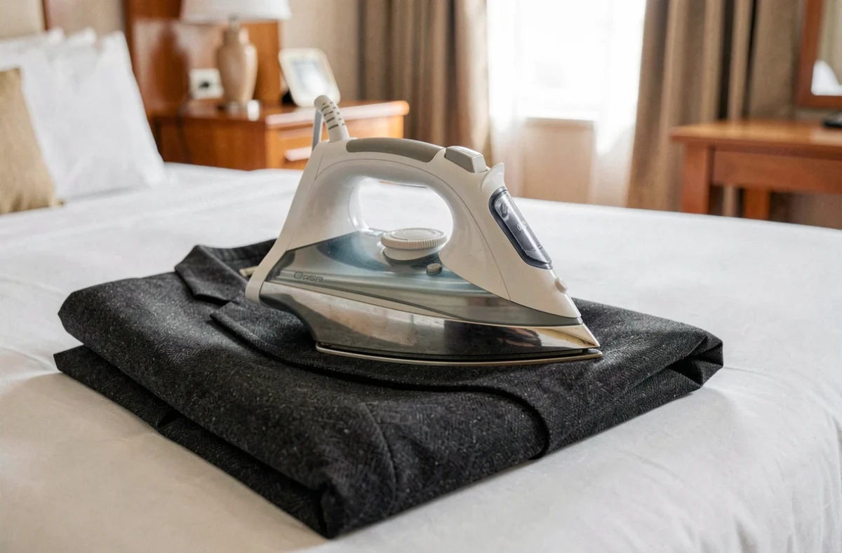 Gros plan d'un fer à vapeur de voyage compact posé sur un veston en laine anthracite dans une chambre d'hôtel