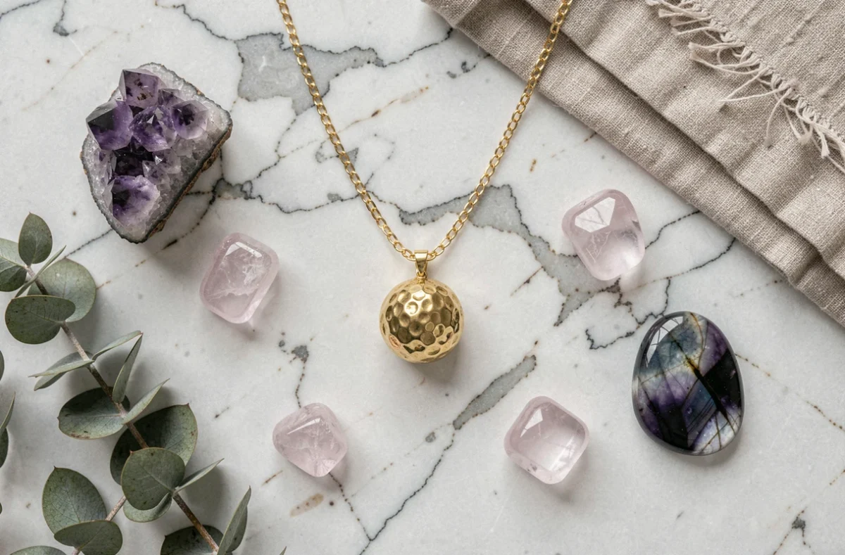Flat lay d'un bola de grossesse doré entouré de cristaux de lithothérapie comme l'améthyste et le quartz rose sur marbre blanc