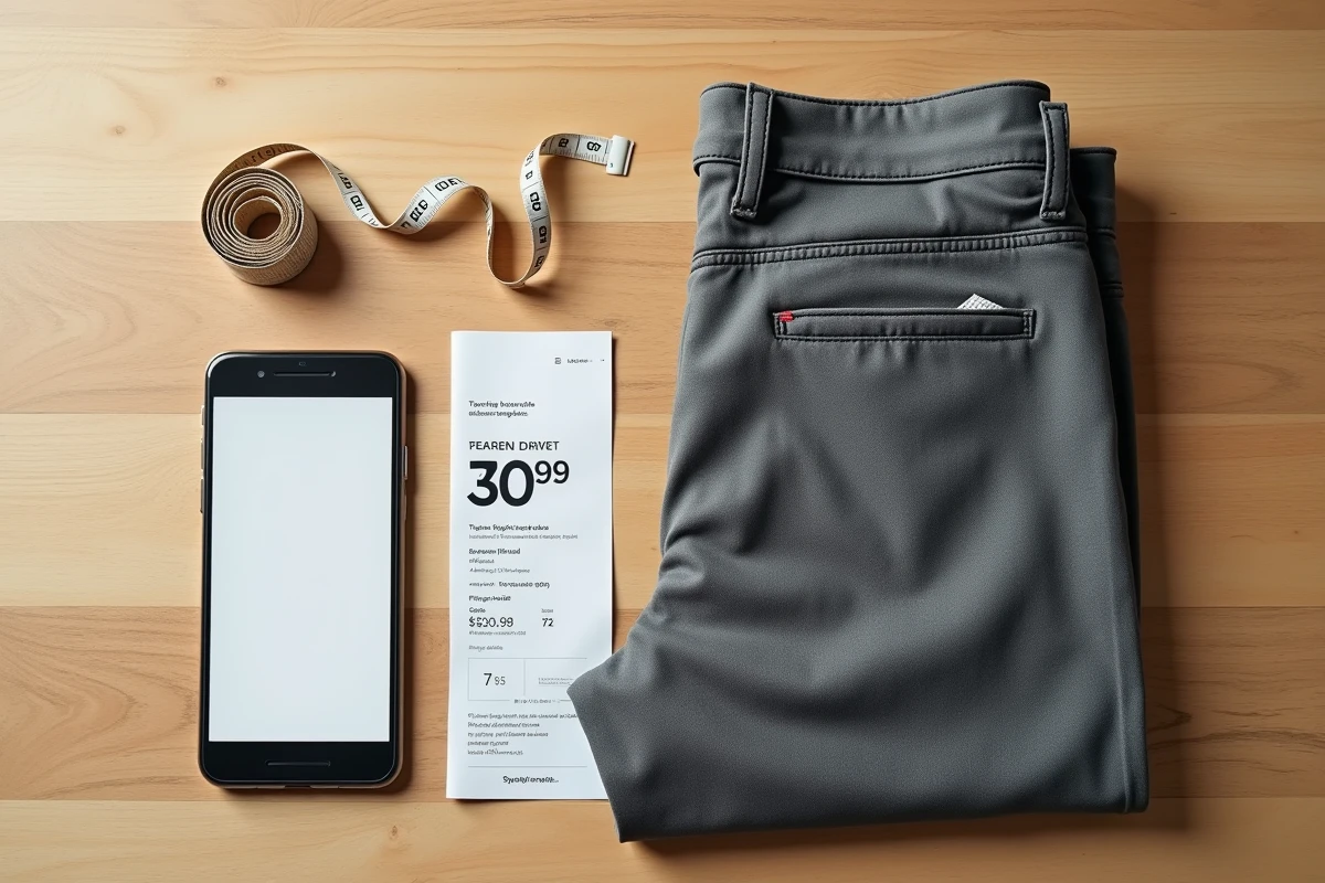 Flat lay d'un pantalon taille 30 plié avec un ticket de caisse et un mètre ruban sur une table en bois