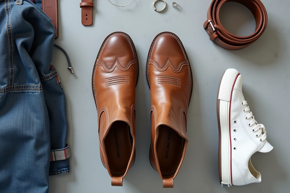 Flat-lay vue de dessus présentant des bottes santiag en cuir brun et des baskets blanches côte à côte avec des accessoires mode, illustrant la compatibilité des deux styles dans une même garde-robe