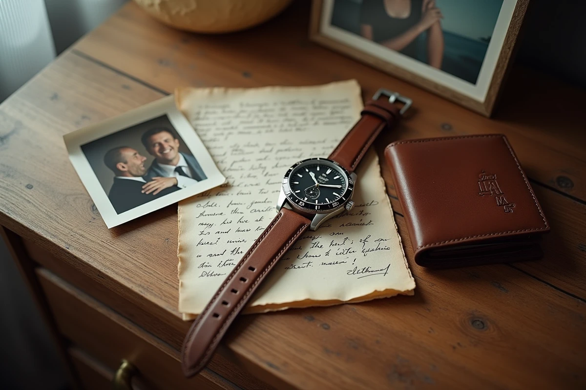 Flatlay d'une montre homme personnalisée posée sur une lettre manuscrite et une photo de famille, sur un bureau en chêne vieilli
