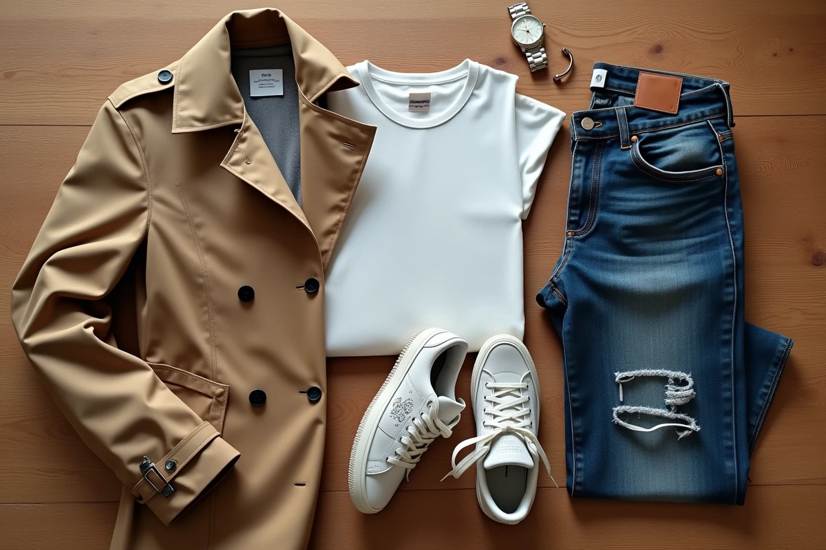 Flat-lay de tenue urbaine chic avec baskets françaises en cuir blanc, trench camel et jean droit sur parquet en bois brut, style lookbook tendance