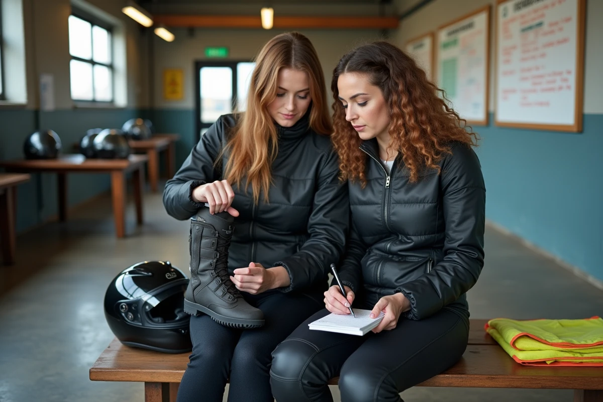Deux femmes débutantes en moto apprenant à choisir les bonnes chaussures moto dans un centre de formation