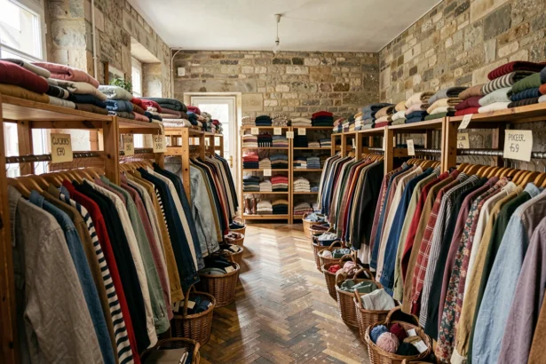 Intérieur d'une friperie en Saône-et-Loire avec des portants chargés de vêtements colorés et des étagères en bois