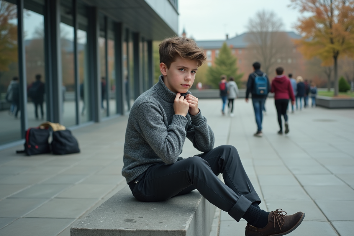 Garçon de 12 ans assis sur un banc devant le collège
