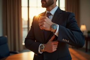 Personne portant deux montres au poignet dans une métropole animée