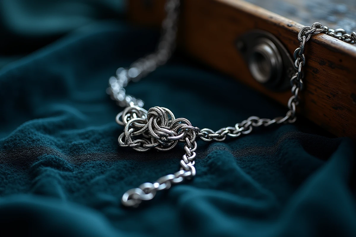 Gros plan d'un collier en argent emmêlé sur du velours sombre, symbolisant la synchronicité et les signes spirituels