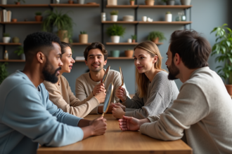Groupe d'adultes examinant leur visage avec des miroirs