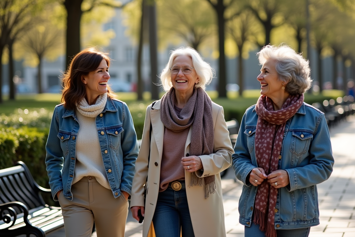 Trois femmes souriantes marchant dans un parc urbain ensoleille