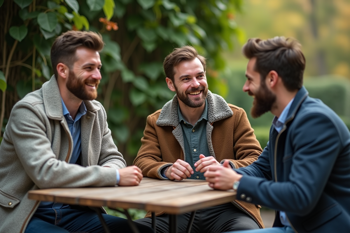 Groupe d hommes avec barbes au cafe en plein air