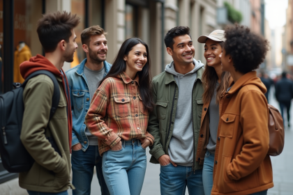 Groupe de jeunes en streetwear dans une ville animée