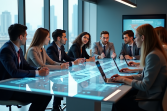 Groupe de professionnels autour d'une table hightech en bureau moderne