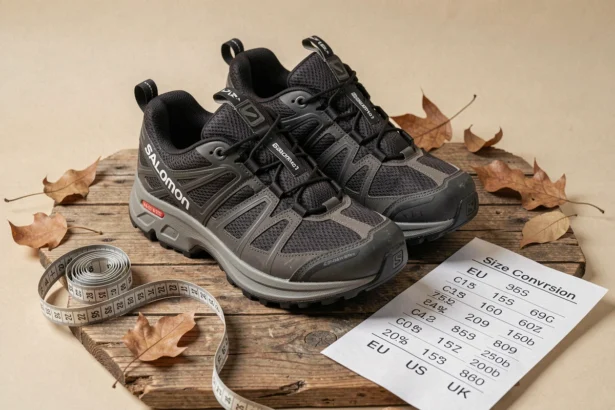 Paire de chaussures Salomon posée à côté d'un tableau de correspondance des tailles EU US UK sur une surface en bois rustique