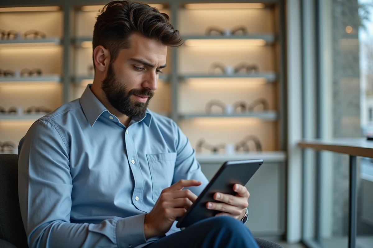 Jeune homme utilisant une application pour choisir des lunettes