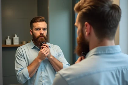 Homme élégant se coiffant la barbe devant un miroir moderne