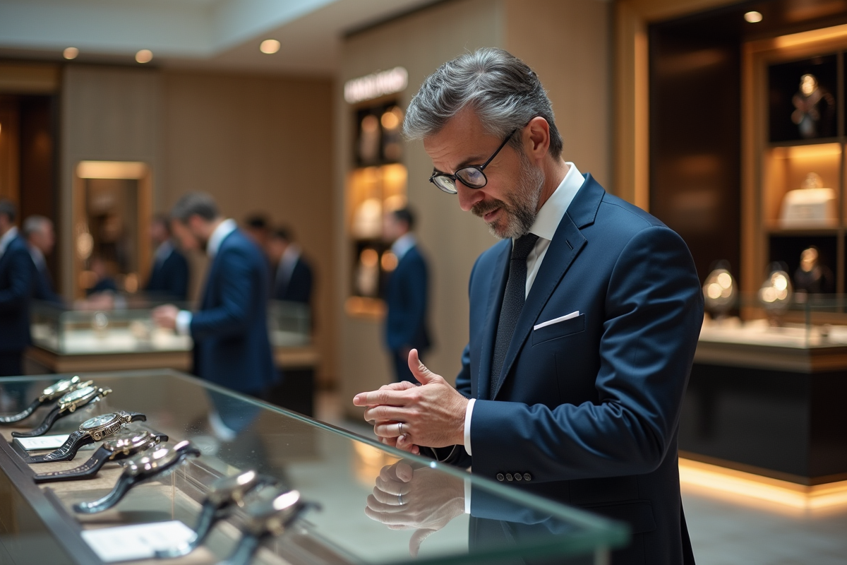 Homme d affaires regardant montre dans magasin haut de gamme