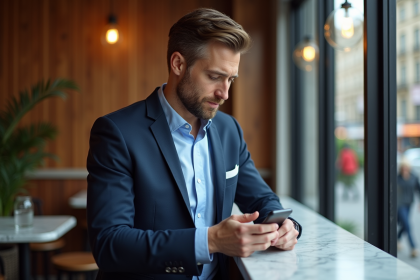 Homme en blazer bleu regardant son téléphone au café