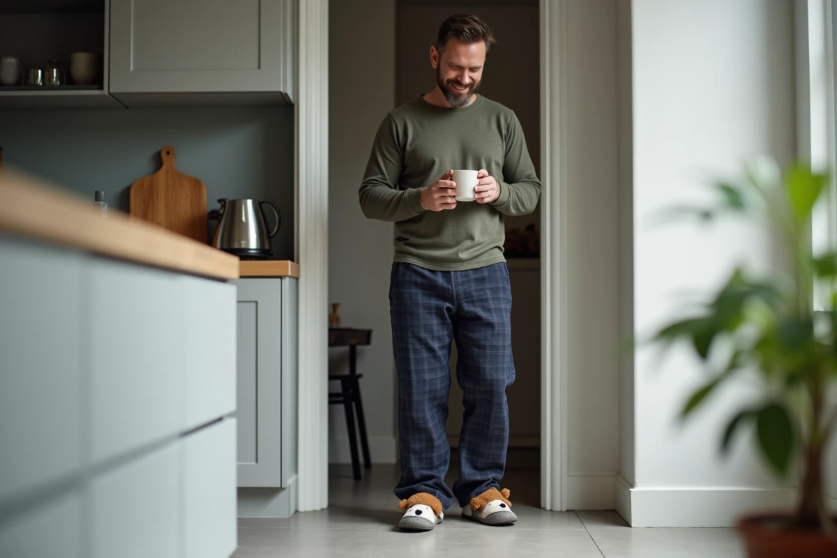 Homme en pyjama souriant en regardant ses chaussons teckel dans une cuisine scandinave moderne