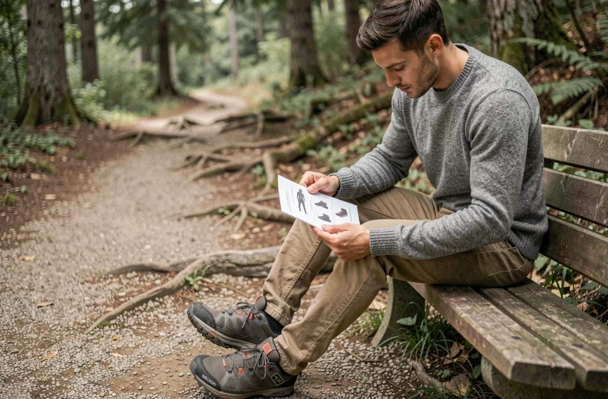 Homme essayant des chaussures Salomon en sentier et consultant un guide de tailles EU US UK pour randonnée