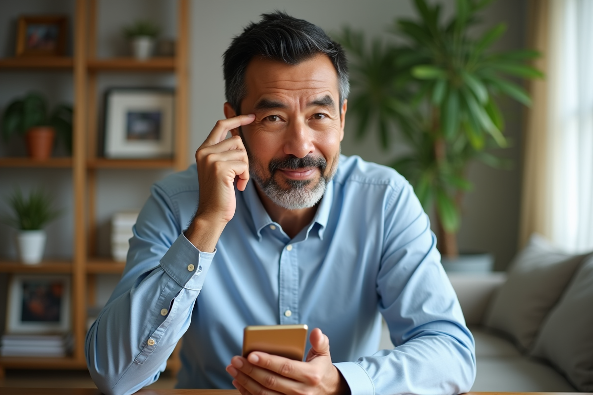 Homme d age moyen se regardant dans un miroir en salon