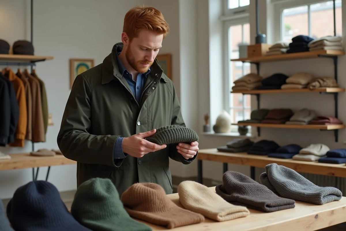 Homme examinant des bonnets en laine dans un magasin minimaliste pour trouver le cadeau idéal