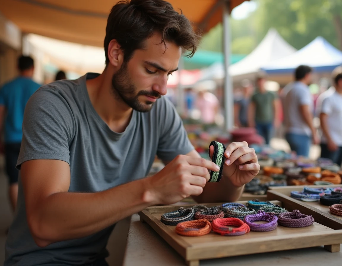 Homme examinant un bracelet paracord coloré sur un étal de marché extérieur avec plusieurs modèles exposés sur plateau en bois